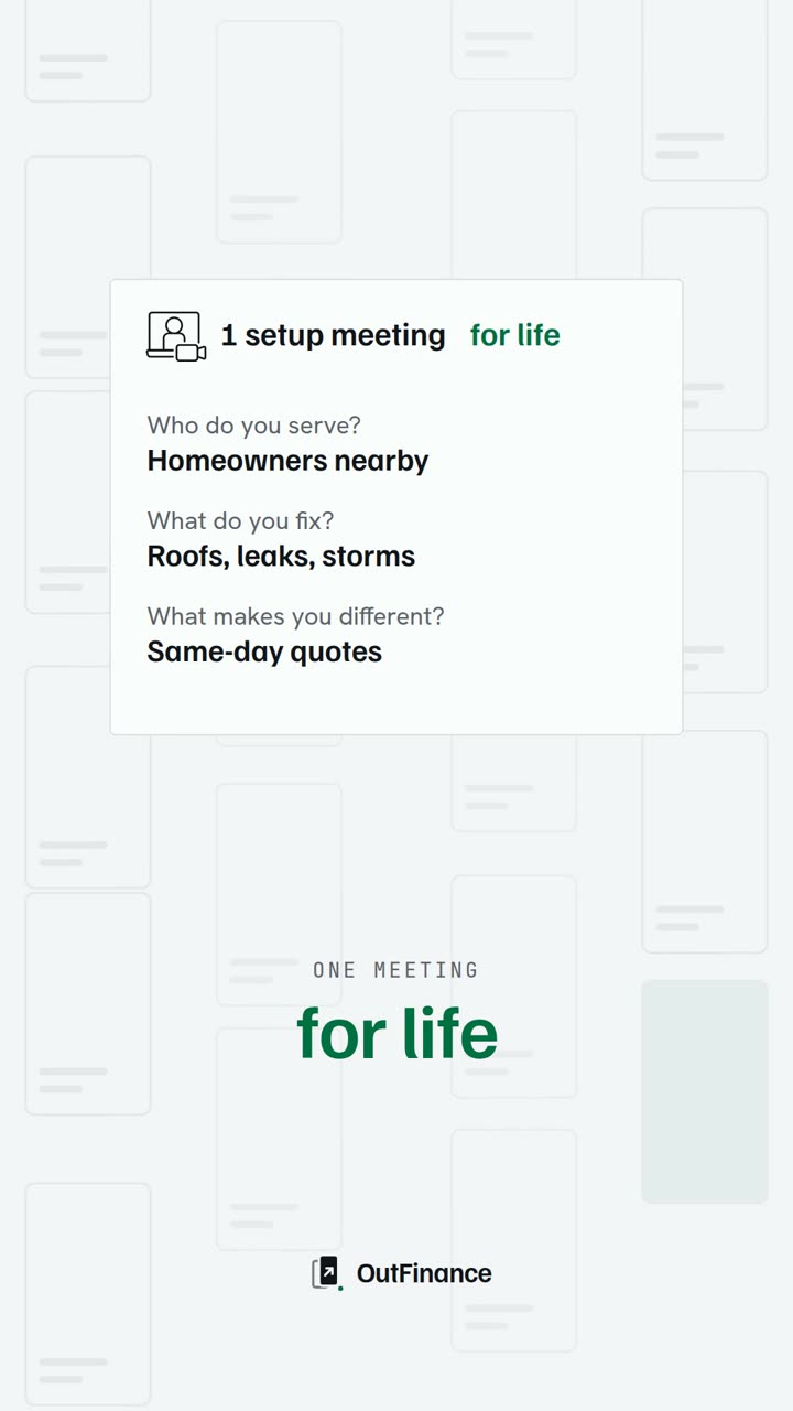 A setup-meeting card from a SamayLine video, listing three questions for a roofing company: who do you serve, what do you fix, and what makes you different.